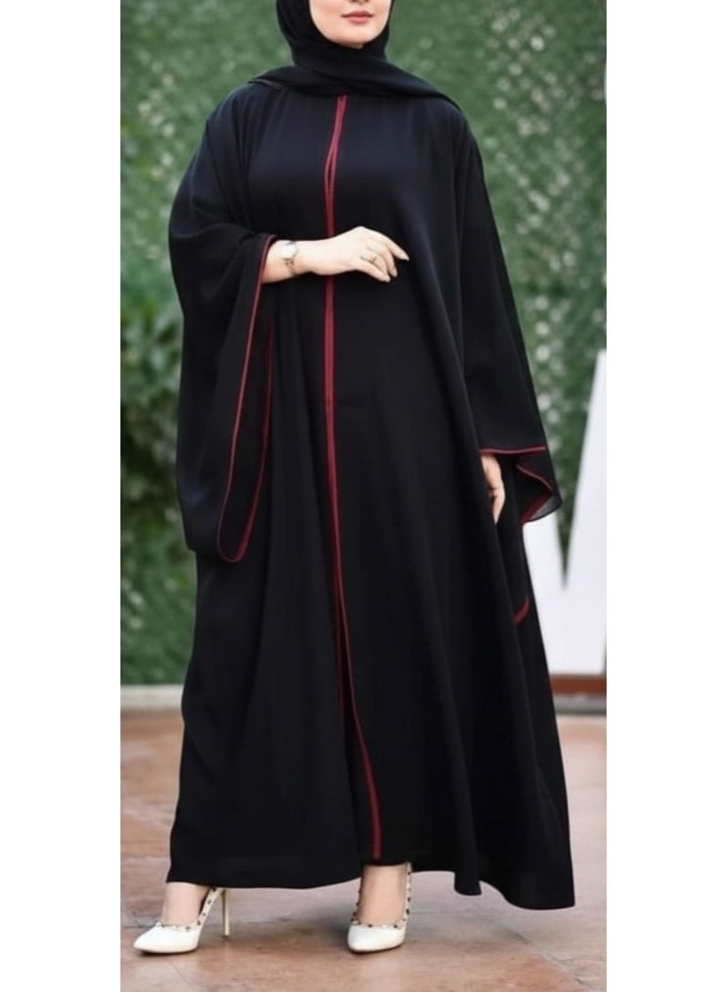 عباية سوداء أنيقة بتطريز وخطوط حمراء طولية – تصميم محتشم واسع بأكمام فلو ستايل عصري مناسب للمناسبات والخروجات اليومية الراقية ضيفي لنفسك لمسة جذابه و رائعه كود 4035 - Image 1